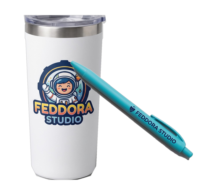Custom tumbler and pen printed with a studio logo