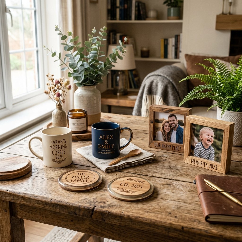Framed photos and wood coasters on a desk