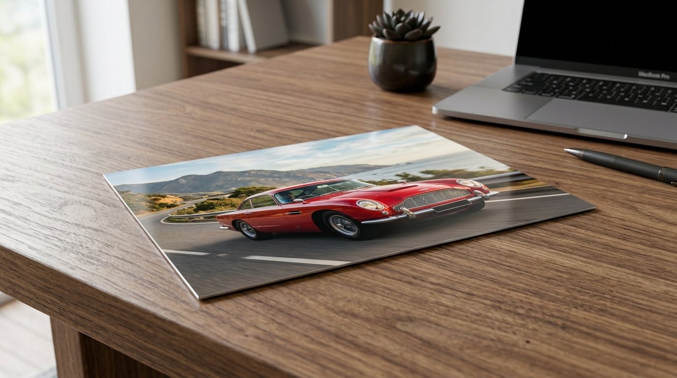 Metal print sitting on a desk