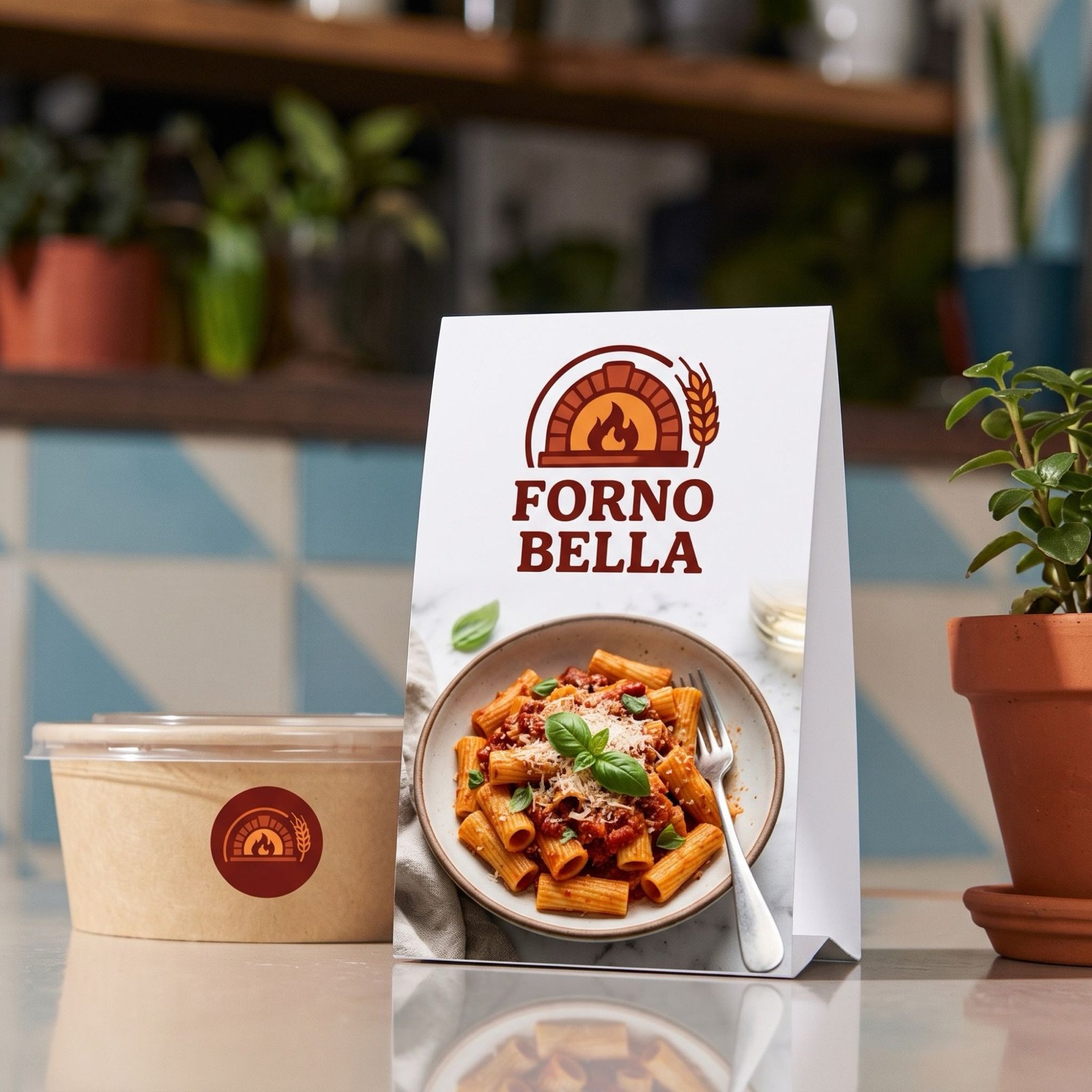 A custom printed tabletop sign standing on a restaurant counter